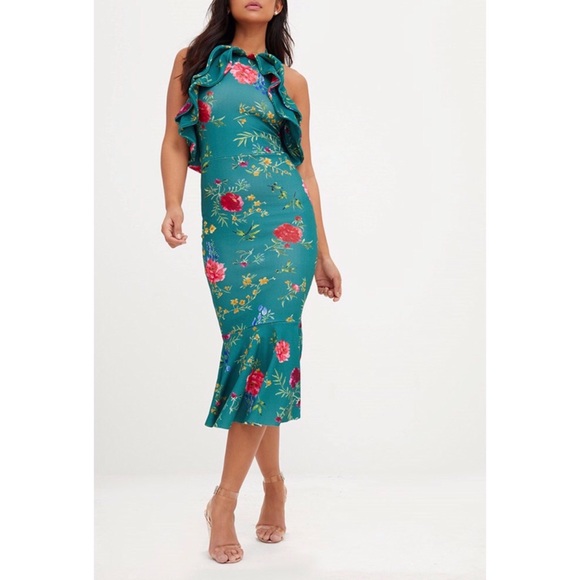 Green floral halter neck midi dress - Picture 2 of 6